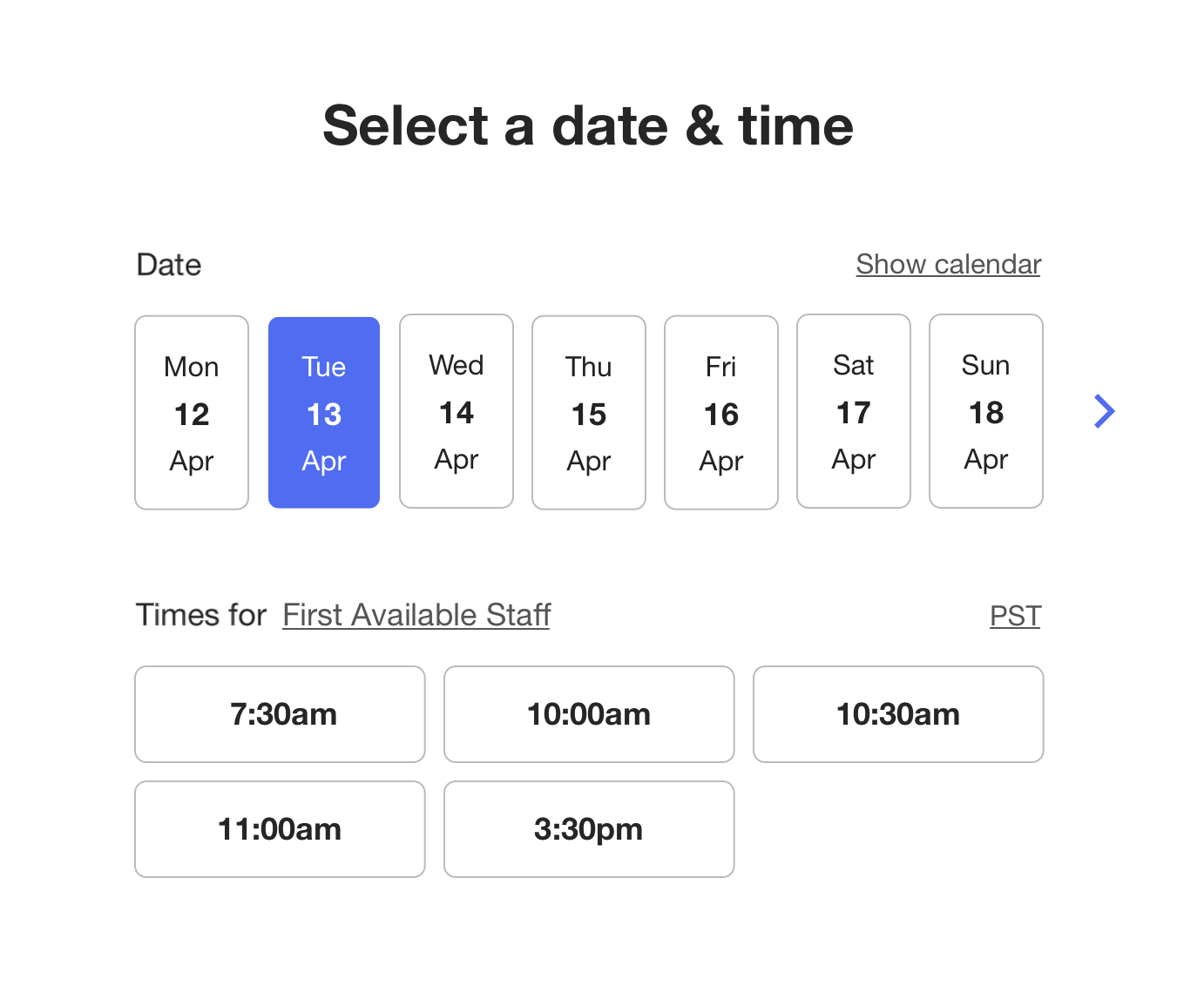 Waitwhile waitlist app screenshot of online scheduling experience with date and time selection 
