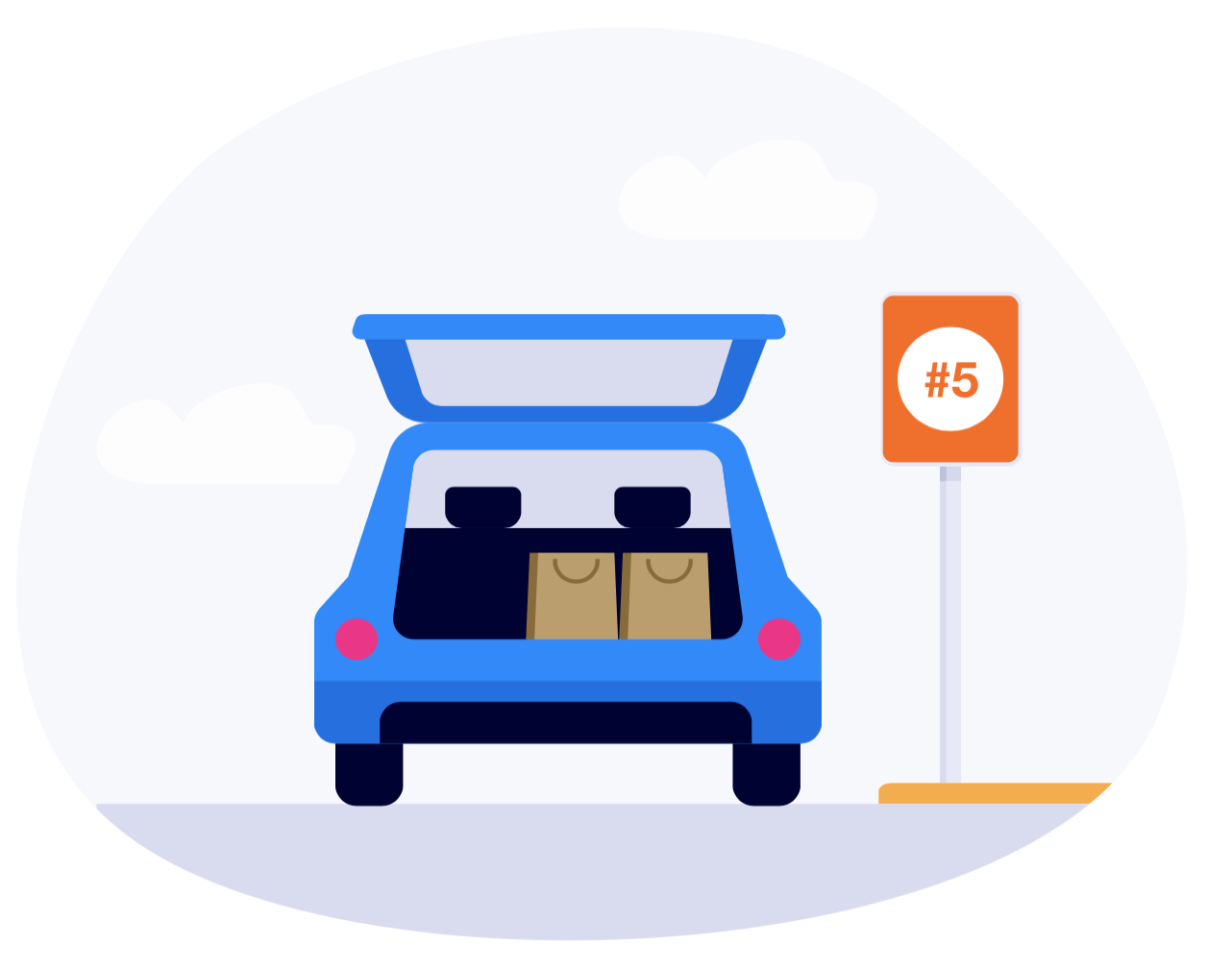 Waitwhile waitlist app graphic of a car with an open trunk during curbside pickup 