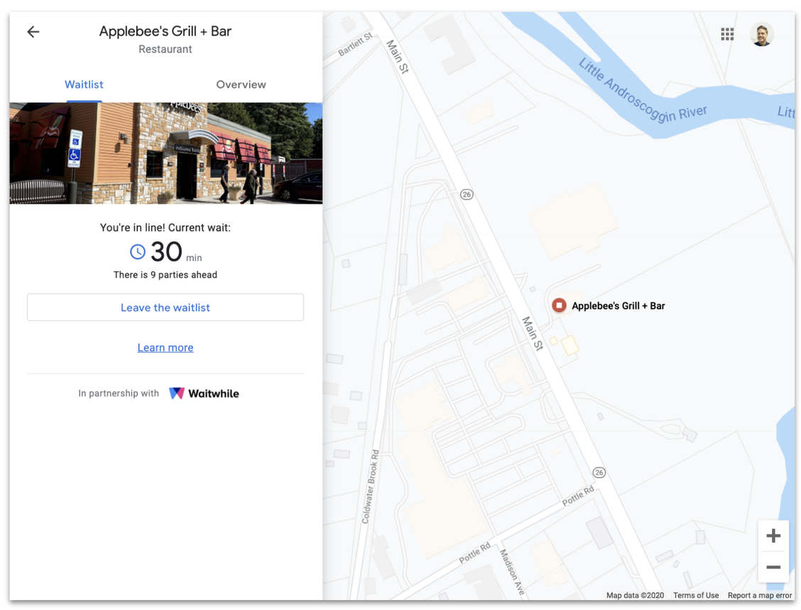 Google Maps screenshot of Applebee's Grill + Bar with Waitwhile waitlist current wait