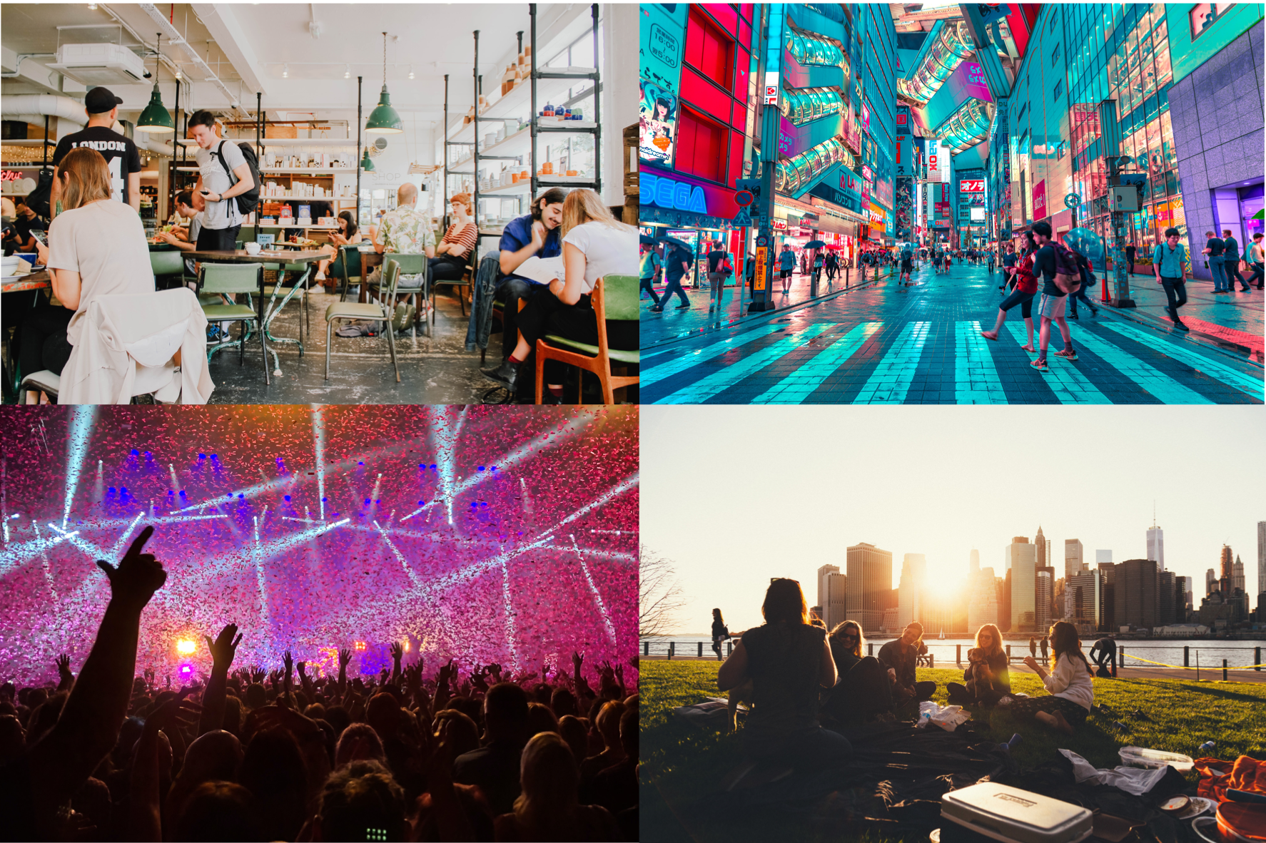 A collage of 4 pictures showing people enjoying live in the restaurant, shopping street, during a concert and a picnic