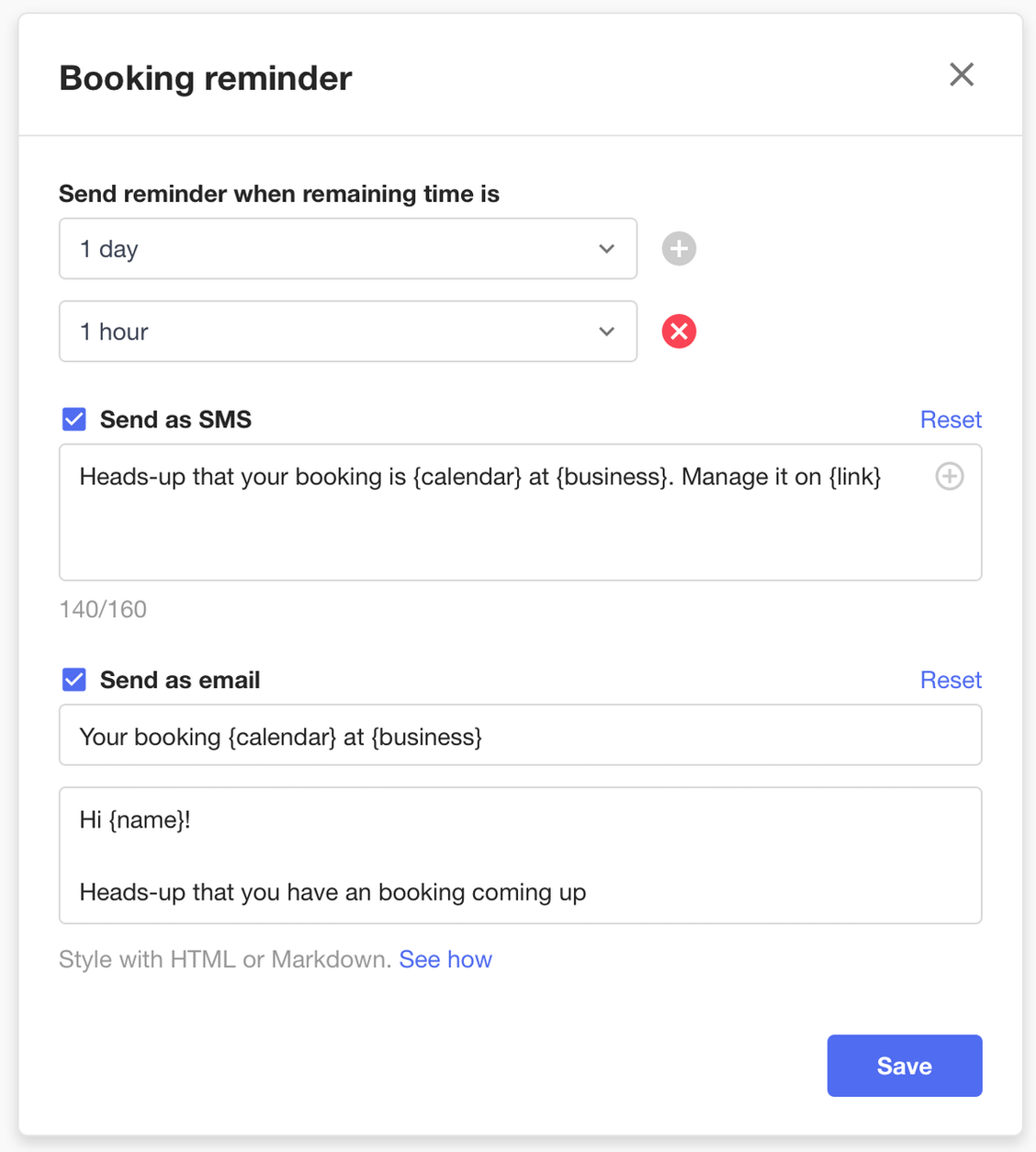 Waitwhile waitlist app screenshot of booking reminder copy and timing setup