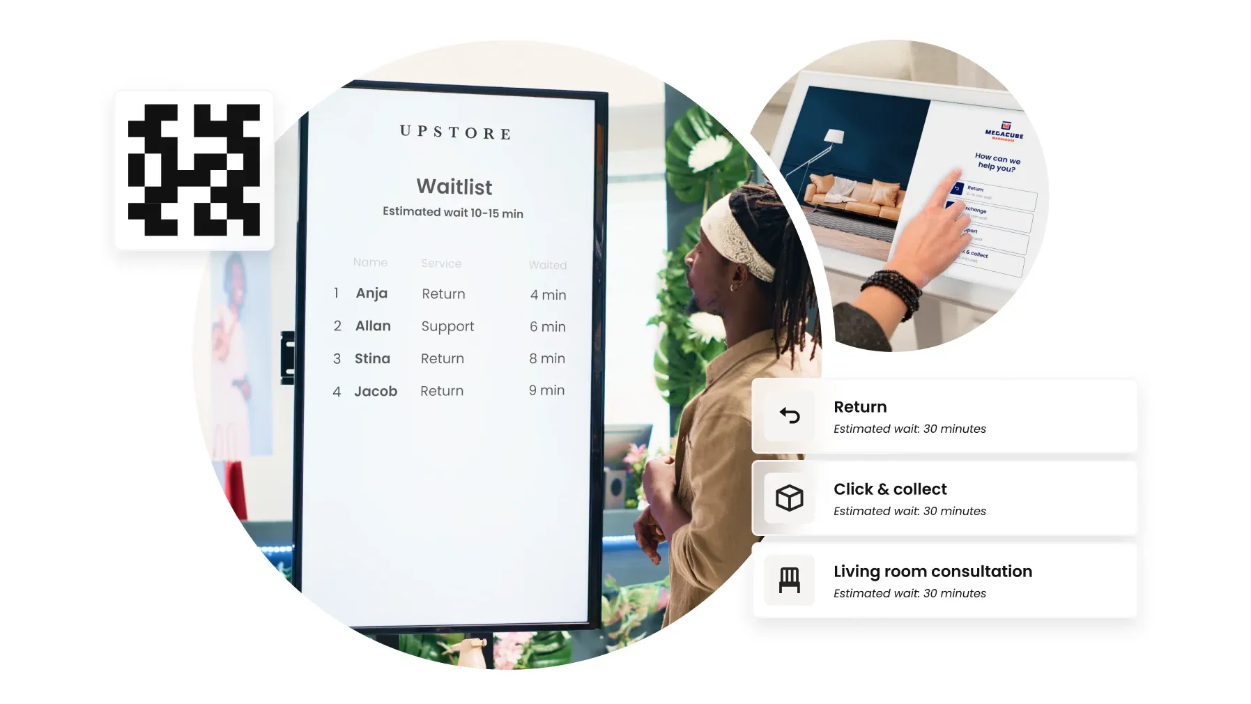 illustration of virtual queue wait time estimate on TV monitor and self check-in kios